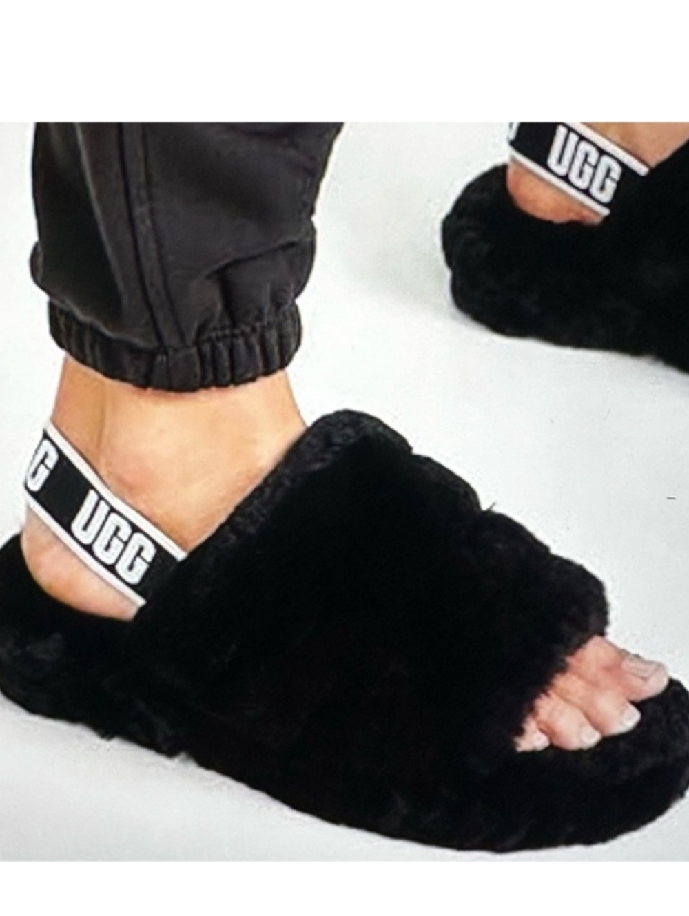 UGG Black Fluff Yeah Slide with Branded Heel Strap Size 10